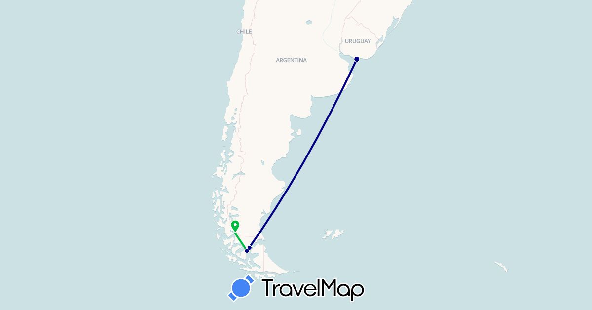 TravelMap itinerary: driving, bus in Chile, Uruguay (South America)